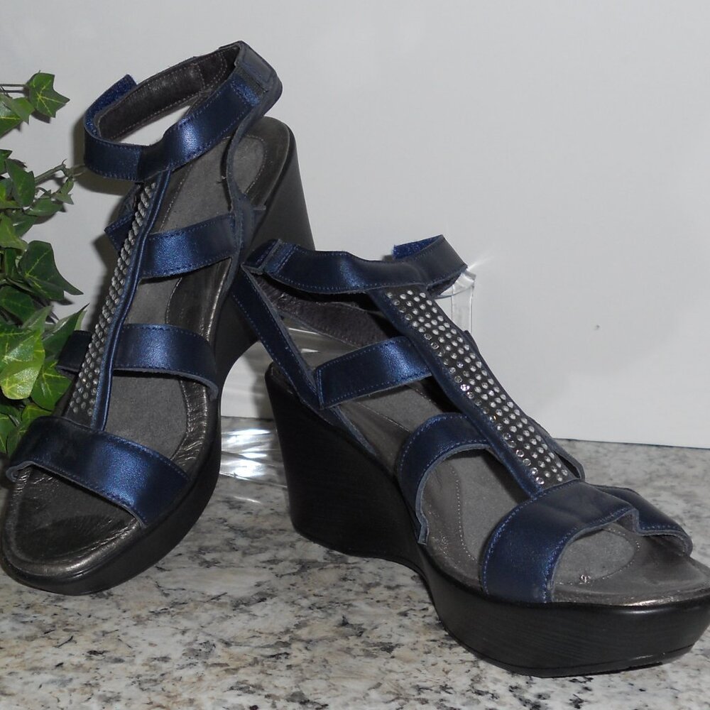 NAOT 41 Blue Wedge Platform Sandals Rhinestones In Front -really pretty.